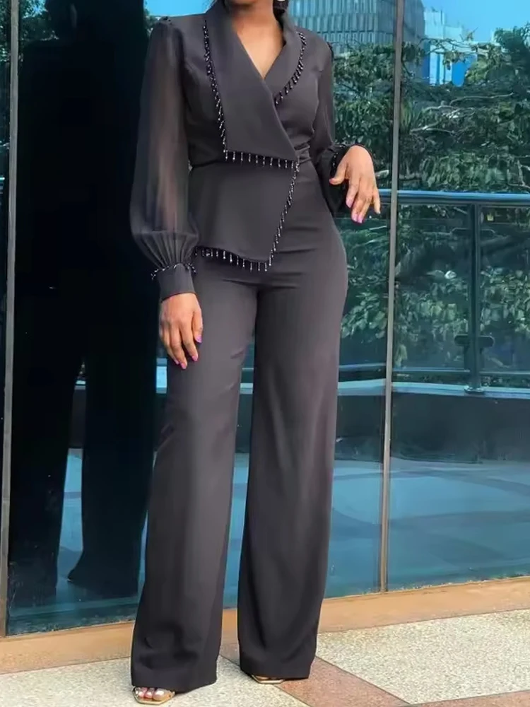Office Elegant High Waisted Slim Long Playsuit Fashion Lapel Collar Mesh Party Romper 2025 Women Sexy Commuting Solid Jumpsuits