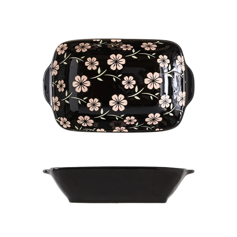 Embossed hand-painted underglaze ceramic tableware household salad deep baking pan binaural rectangular cheese baked rice bowl 5