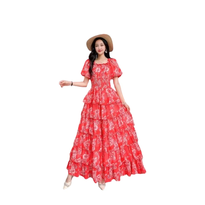 Kurzarm o Hals Blumen bedruckte Mode weibliche hohe Taille lässige Frauen Lolita-Stil Rüschen Damen Vintage Vestidos Kleider