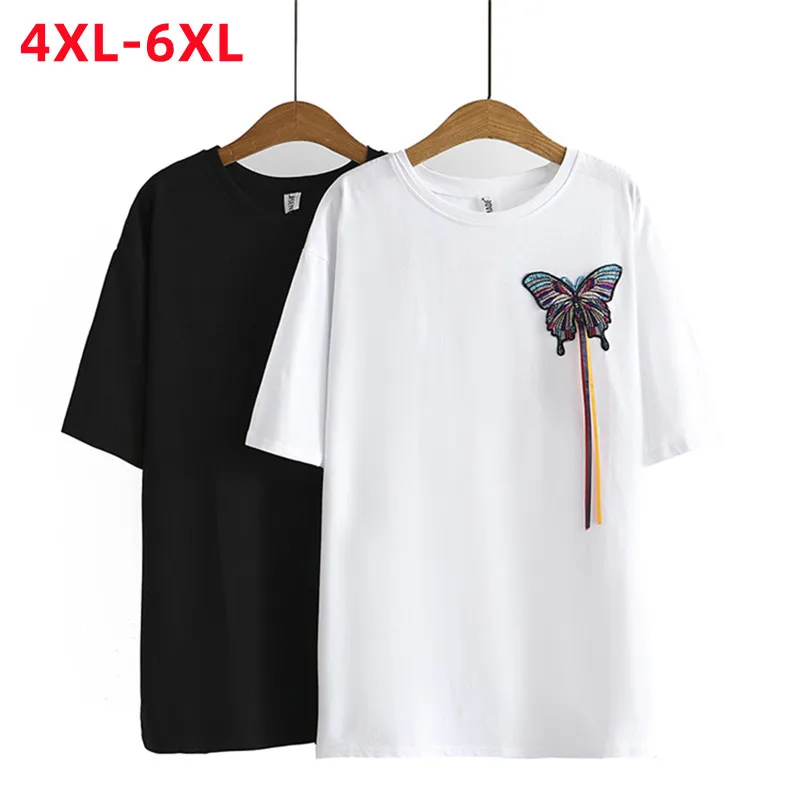 New 2022 Summer Plus Size Tops For Women Large Size Short Sleeve Loose Black White Butterfly Cotton T-Shirt 4XL 5XL 6XL