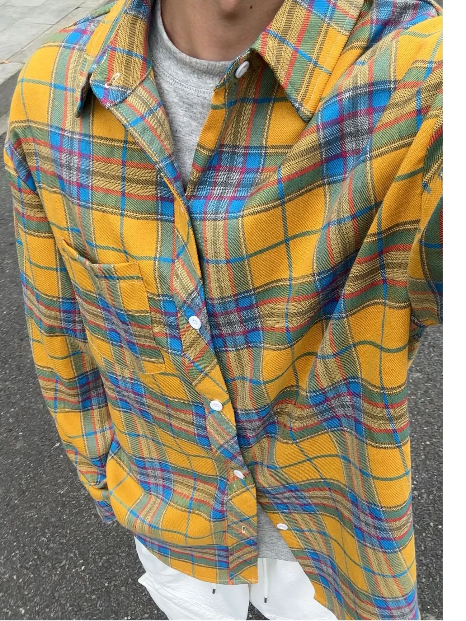 

York Zoom, осенняя новинка, клетчатая американская повседневная свободная модная длинная све, универсальный отложной воротник, смесь хлопка из полиэстера