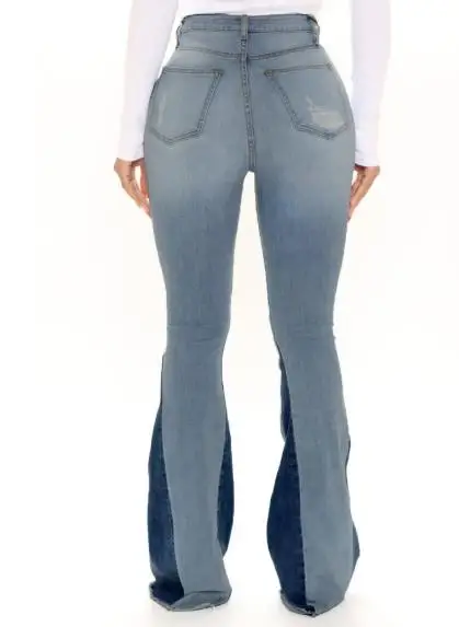 

Autumn Fashion Trend with Perforated Design Flared Jeans, Women's Trendy Color Blocked High Waisted Slim Fit Perforated Jeans