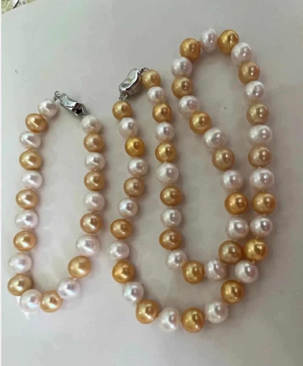 

Gorgeous AAAA9-10mm Natural South Sea Gold+White Pearl Necklace 18in+Bracelet 7.5-8in 925s