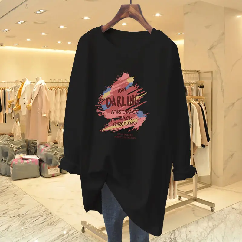 Spring Autumn Fashion O-neck Long Sleeve Basic T-shirt Women Casual Hand-Painted Letter Print Top Tee Loose Pullover 35-100Kg