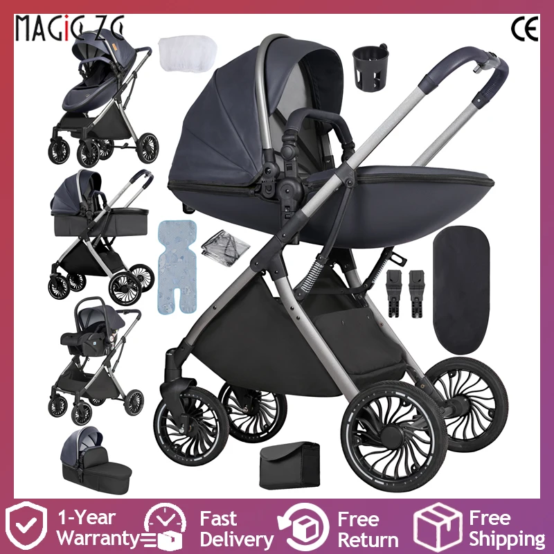 Poussette de luxe 3 en 1 avec coque en forme d'œuf, design cocon, landau convertible, poussette haut