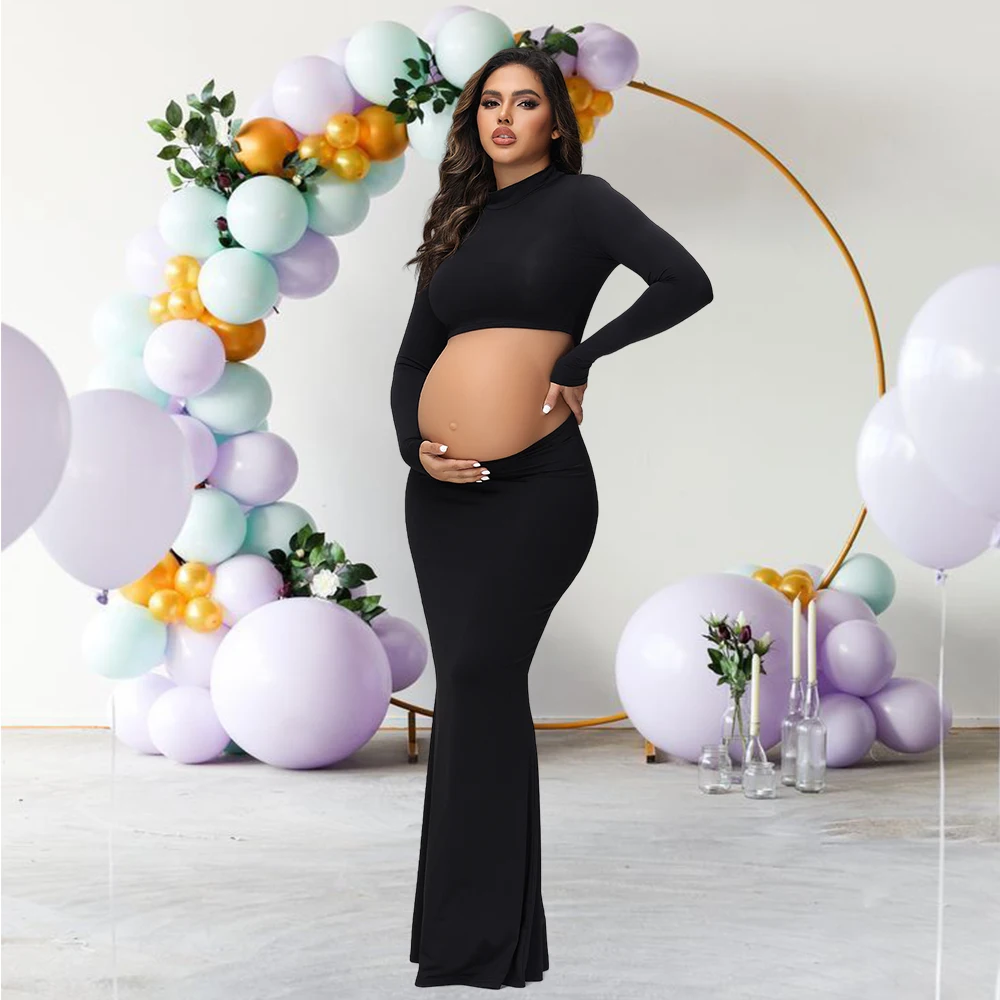 Maternity Mock Neck Long Sleeve Top Slim Maxi Skirt 2 Pcs Set Photoshoot Outfit  Wedding Party Pregnant Clothes