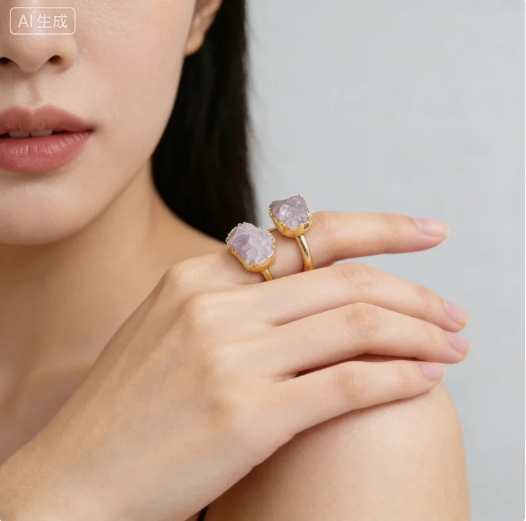 

WT-R495 Natural Gemstone Druzy Quartz / Amethyst / Black Tourmaline Triple Stone Opeaning Rings For Women Anniversary Gift