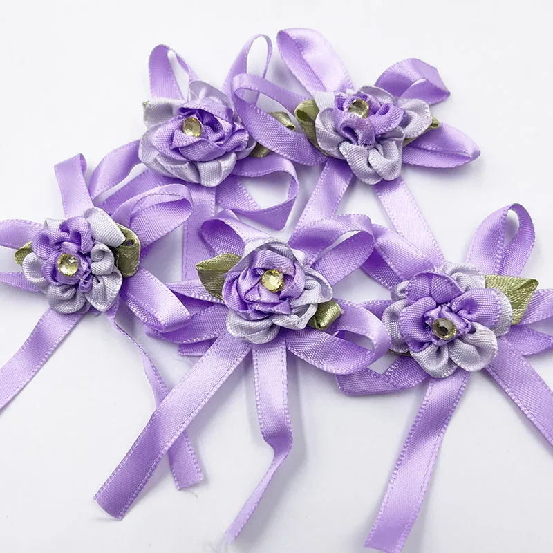10Pcs satin ribbon flowers bow w/leaf stone wedding sewing appliques DIY B122