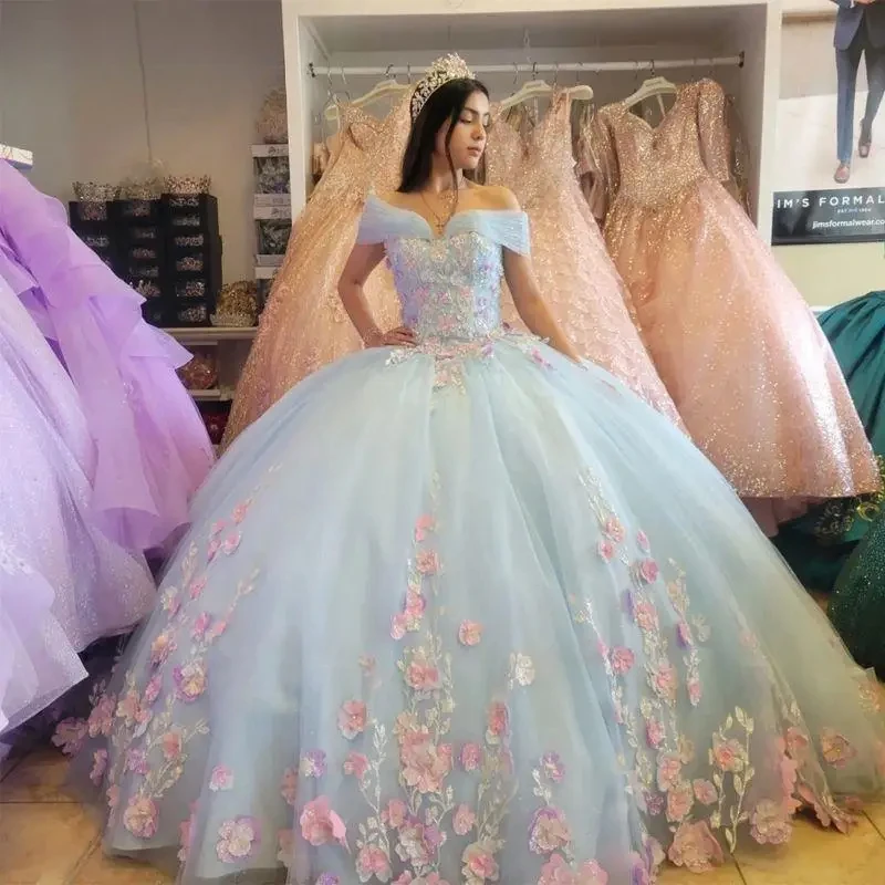 

Blue Glitter Quinceanera Dresses Ball Gown Pink 3D Flowers Applique Beading Mexican Sweet 16 Prom Dress