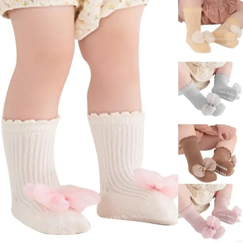 

F3KC Pair Girls Socks with Slip Resistant Soles Children Socks Kids Lace Ribbon Socks