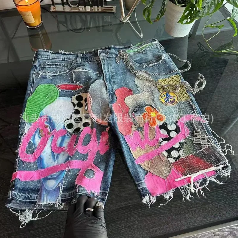 2024 Retro Denim Shorts Wide Leg Street Multiple Elements Hip-hop Straight Leg Trendy Distressed Washed Personality Shorts