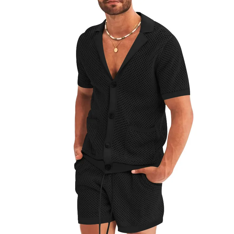 Men\'s 2 Pieces Set Summer New Hollow Out Knitted Casual Beach T-shirt Shorts Suits Sports Lapel Cardigan Short Sleeve Solid