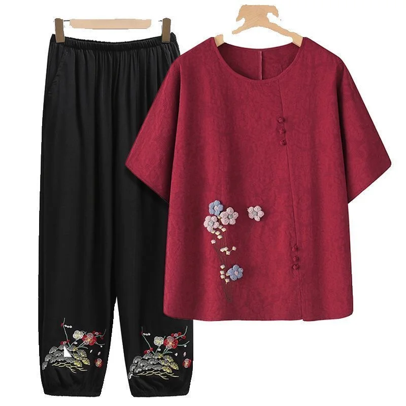 

Middle-aged Elderly Mothers Summer Set Chinese Style Two-piece Cotton Silk Embroidered Blouse Women's Thin Short-sleeved T-shirt