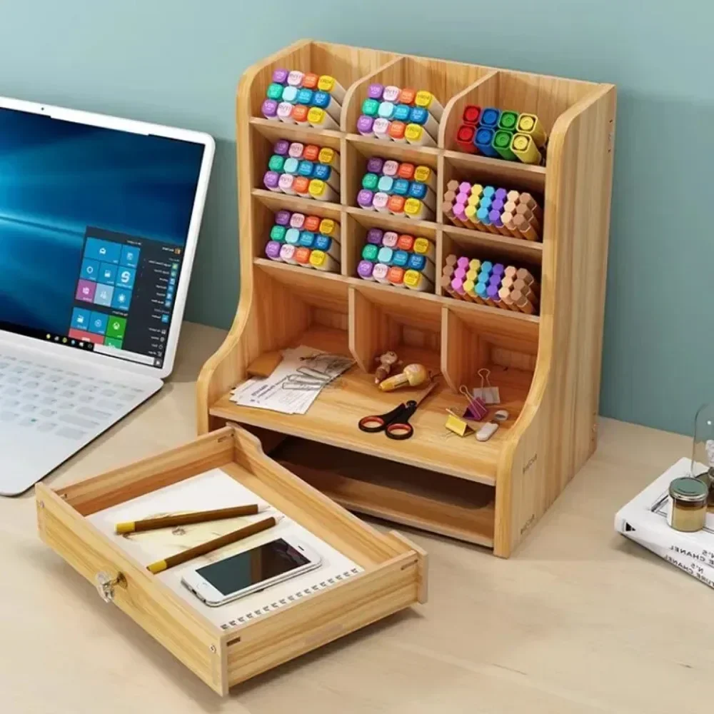 

1pc Wooden Desk Organizer Pen Holder For Cosmetics School Office And Home Large-Capacity Storage Student Stationery Storage Box