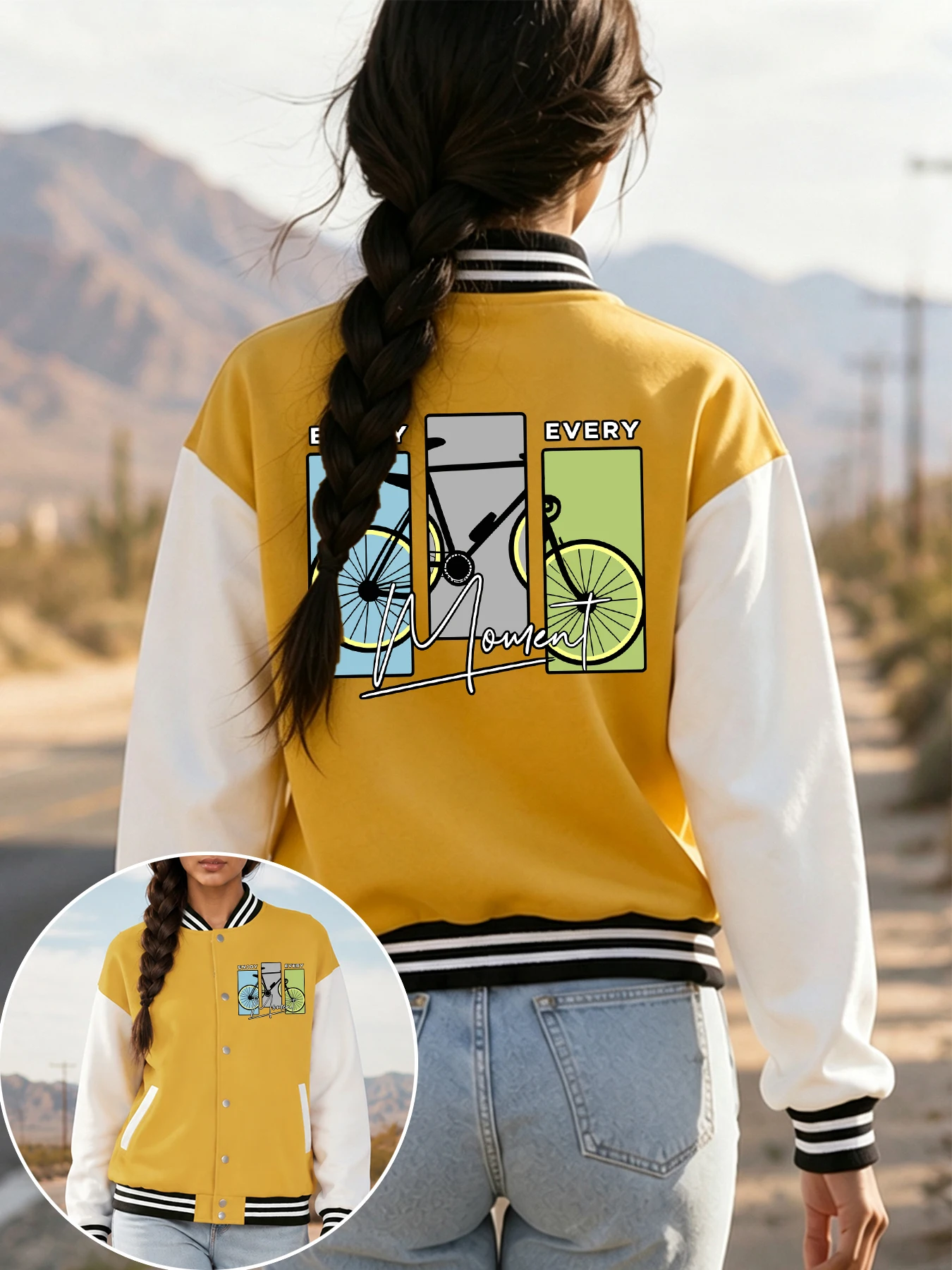 Enjoy Every Moment Bicycle Printing Baseball Uniform Women Cotton Oversized Streetwear Autumn Colorful Jackets Y2K Clothes