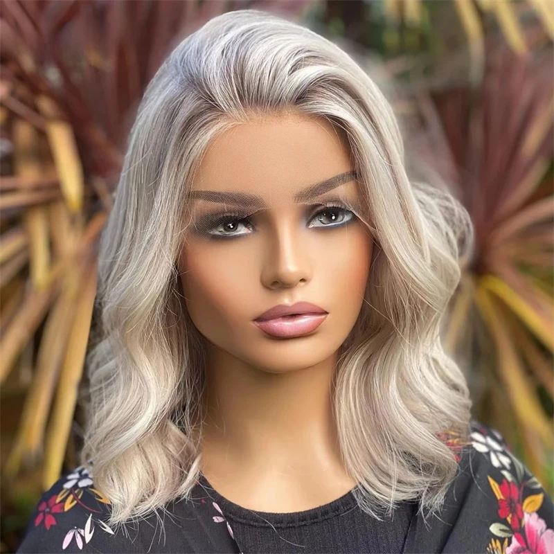 

Preplucked Hairline Synthetic Wig 13x4 Ombre Ash Grey Blonde Wave HD Lace Front Wig Heat Resistant Fiber Hair Wigs 14 Inches