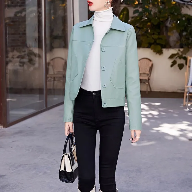 Brand ort Women's eepskin Leather Jaet Slim Fit Biker Sle Spring Autumn Faion Outerwear with Buttons Commute