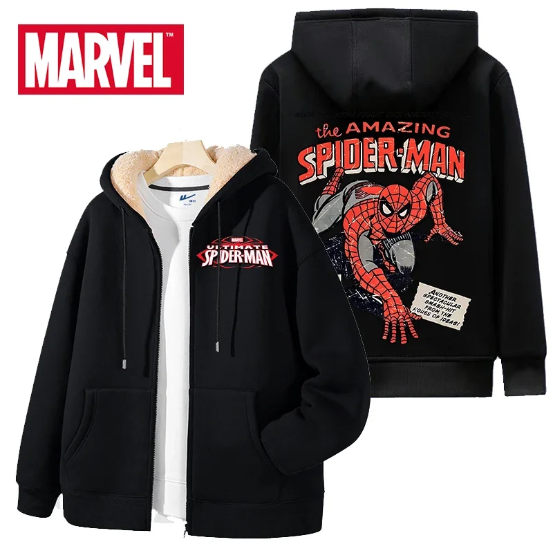 

Spiderman Winter Lambswool Coat Thicken Warm Jackets Long Sleeve Zipper Hoodies Casual Fleece Black Coat Hooded Men Women Jacket
