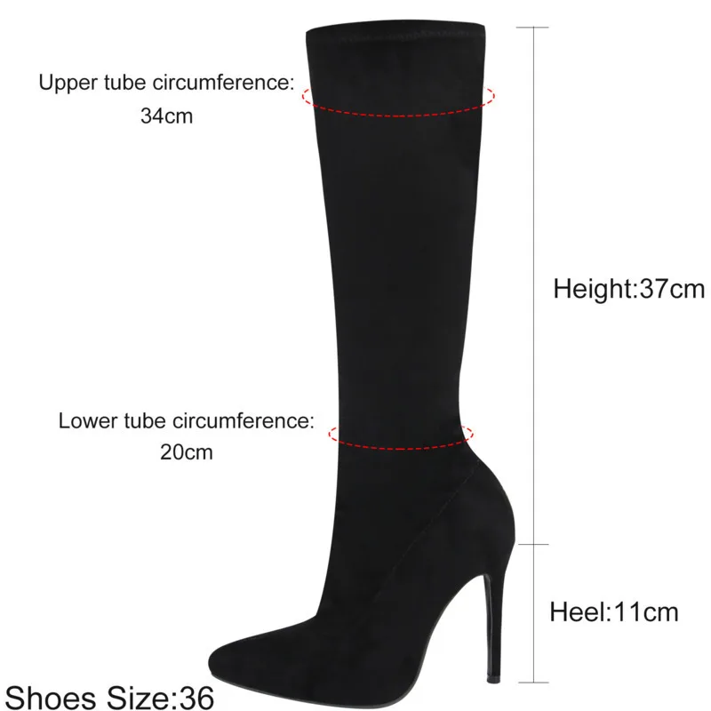 Women Boots Black Sexy High Heels Shoes Women\'s Knee High Boots Big Size Pointed Toe Side Zip Boots