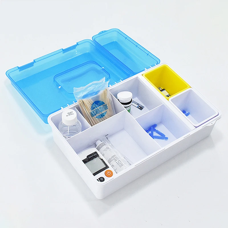 Organizador de primeros auxilios con compartimentos, caja de almacenamiento con asa de plástico, contenedor de primeros auxilios familiar, caja de medicina