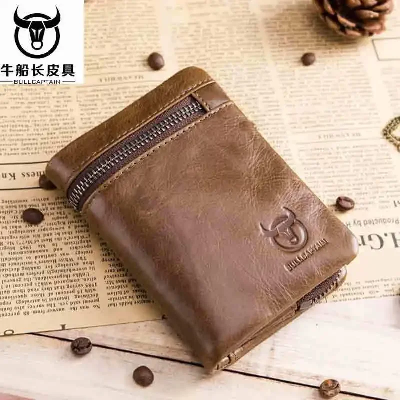 

BULLCAPTAIN 2024 MEN Coffee Cow Leather Wallet Coin Pocket Money Purse Bag Card Holder Short Trifold Hasp Zipper Wallet