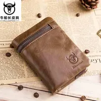 BULLCAPTAIN 2024 MEN Coffee Cow Leather Wallet Coin Pocket Money Purse Bag Card Holder Short Trifold Hasp Zipper Wallet