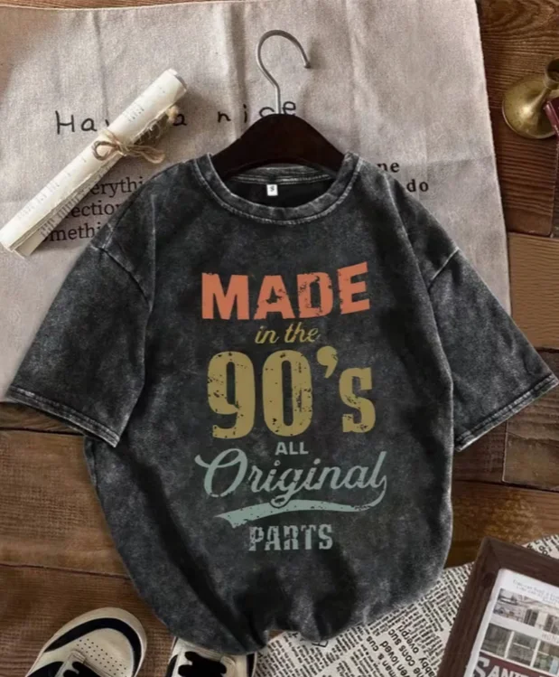 Vintage T-Shirt für Damen und Herren, Made in the 90s Print, gewaschenes T-Shirt, lässig, kurzärmelig, O-Ausschnitt, Retro Streetwear, lockere Oberteile, Unisex – Detail 3