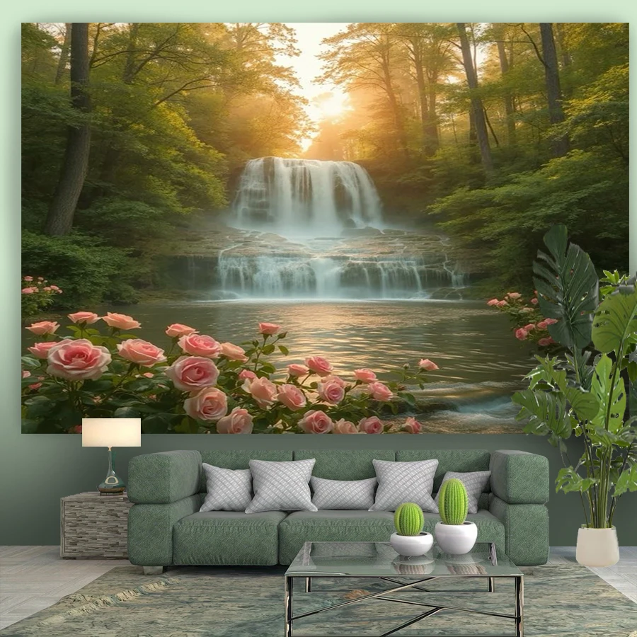 1PC Rose Waterfall Lake View Print Backdrop Banner, Bedroom Living Room Photo Background, Polyester, Home Decor, Wall Art