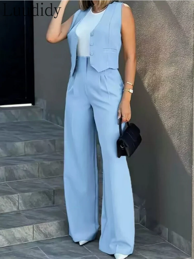 

Two Piece Suit Sets Work Wear Buttoned Coat and Wide Leg Pants Set