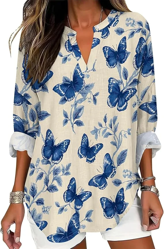 

Women's Shirt New Summer 2025 Fashion Pattern Shirt V-Neck Casual Loose Flowing Shirt