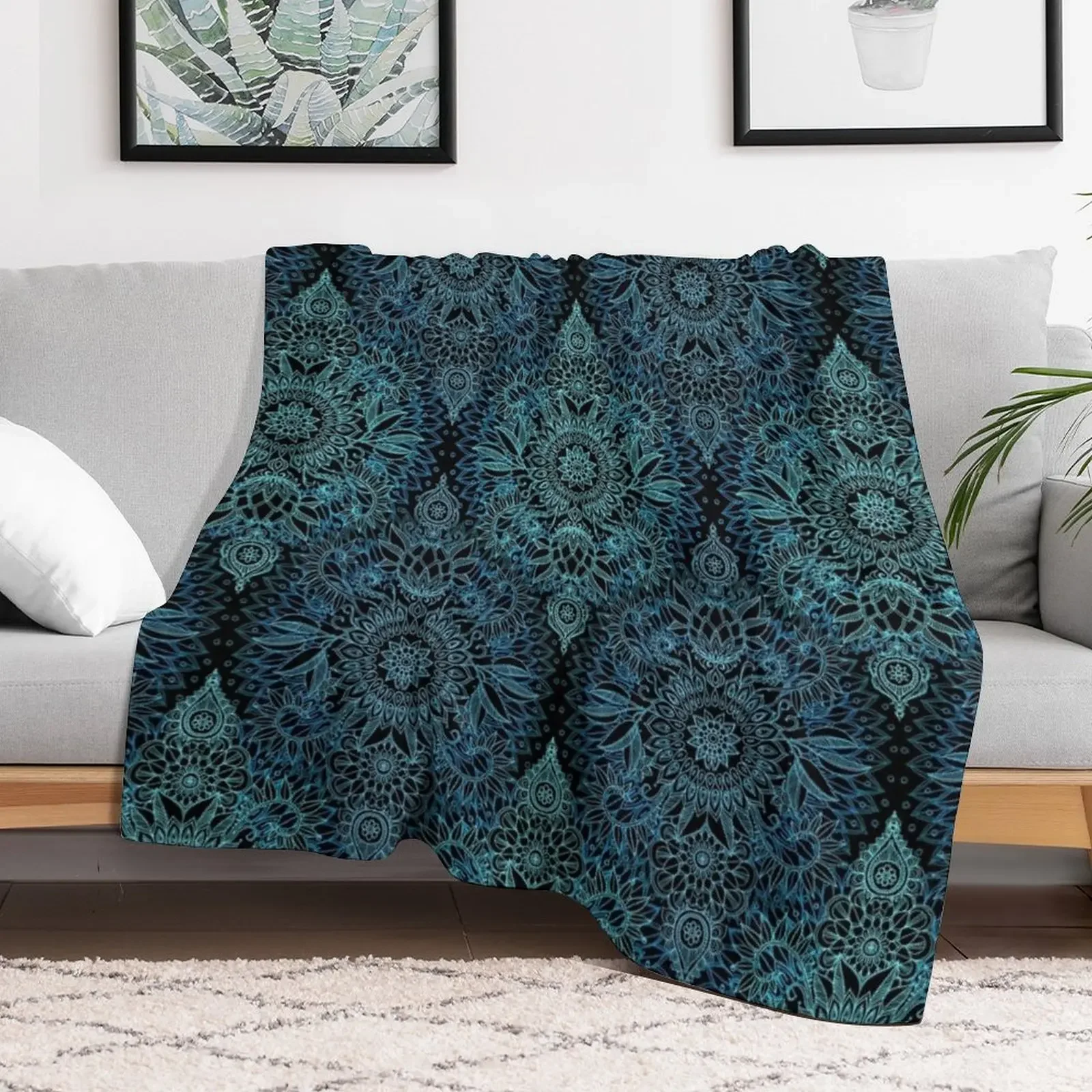 Black, Teal & Aqua Protea Doodle Pattern Throw Blanket Furrys Sofas valentine gift ideas Blankets