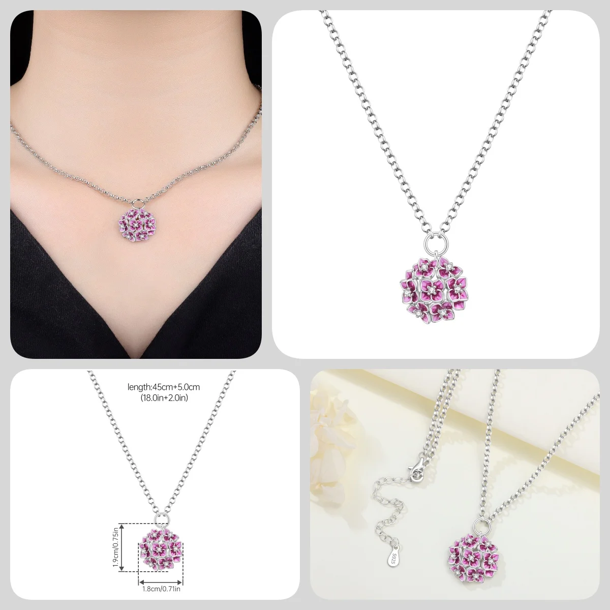 Orstarry S925 Sterling Silber Schmetterling-Blumen-Ohrringe und Halsketten-Set, Exquisites Herz-Hänge-Schmuckset für Damen, Party-Geschenk – Detail 12
