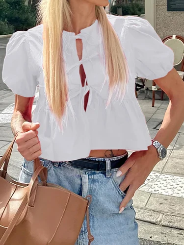 Imagen 2 del producto Blusa de manga abullonada para mujer, Top con lazo frontal, camiseta de Peplum, Top corto Babydoll para salir, ropa de calle de verano 2024