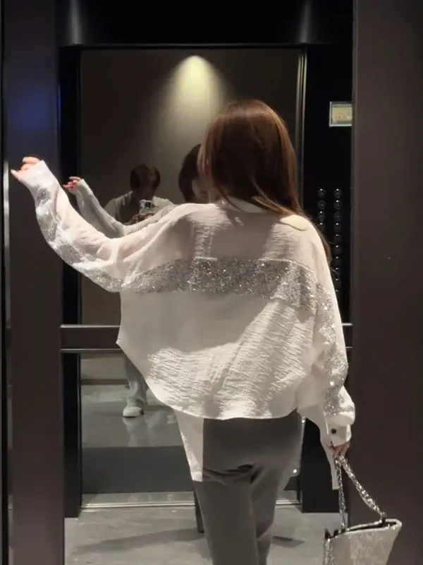 Loose Long-sleeved White Sequined Shirt Women's Summer New Fashion Versatile Sunscreen Cardigan Casual Thin Top