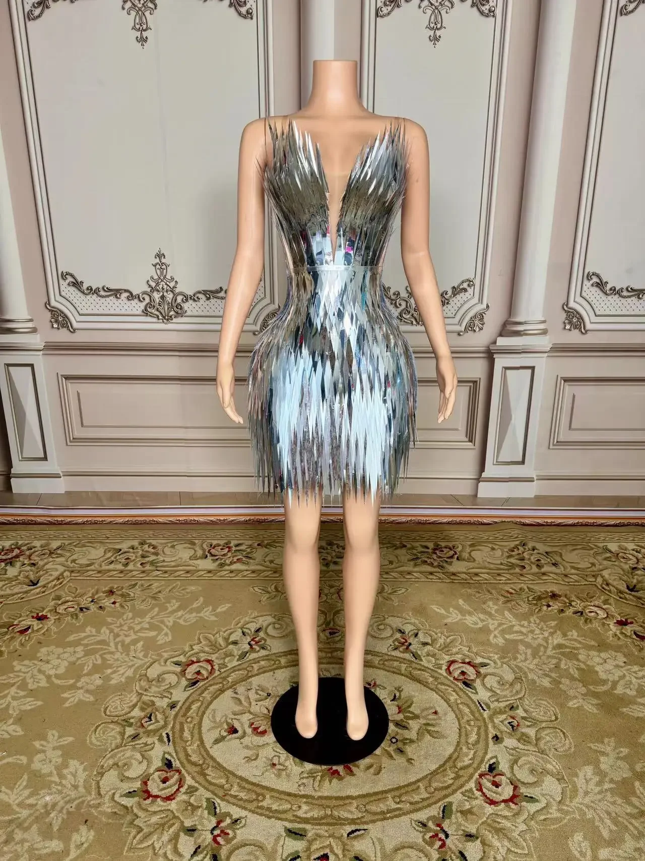 Silver Sequin Deep V Neck Mermaid Sexy Evening Dresses