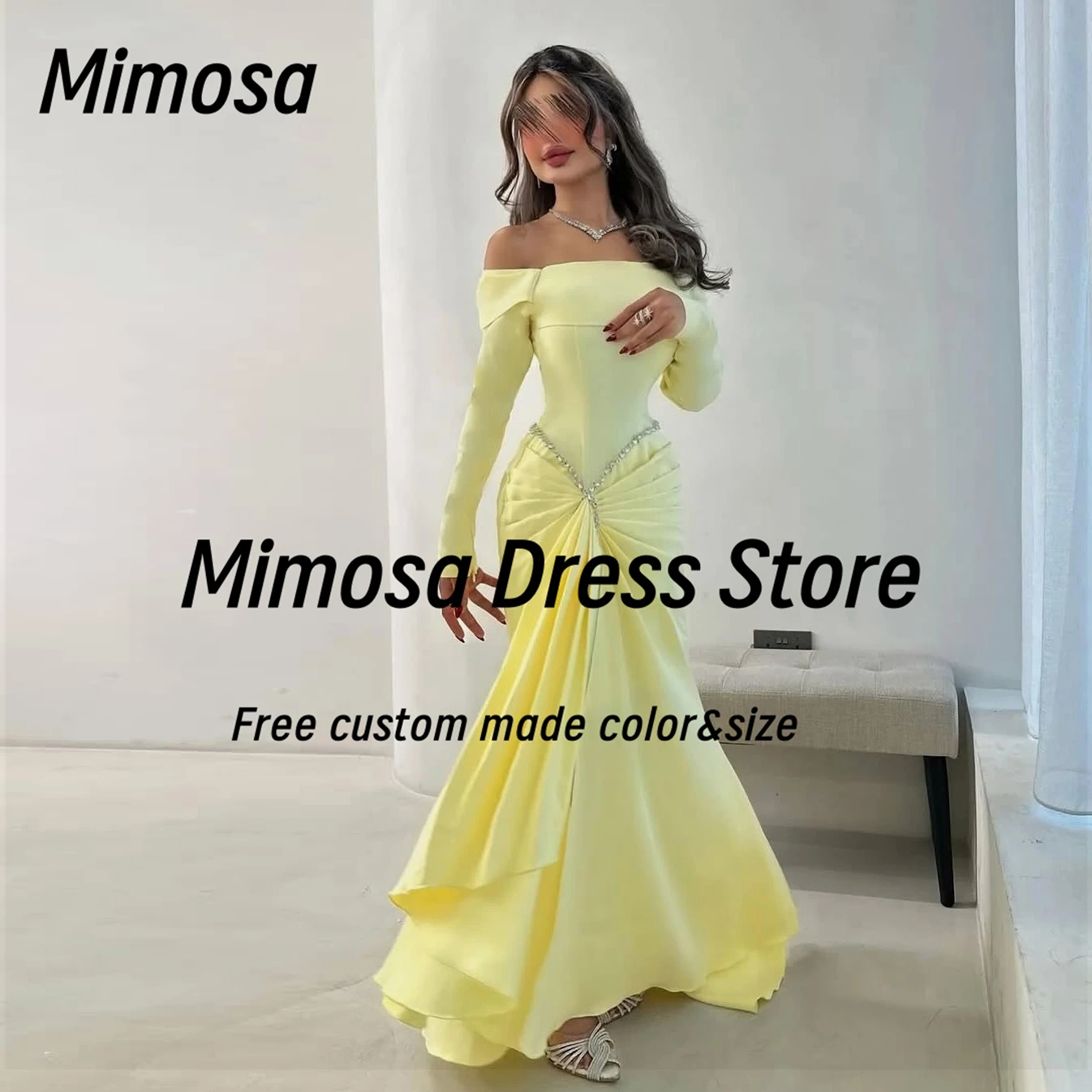 ميموزا قارب الرقبة فساتين لحضور الحفلات الموسيقية طويلة الأكمام فساتين السهرة الديكور وشاح Ruched Vestidos Des حفلة ملابس العروس فستان مخصص