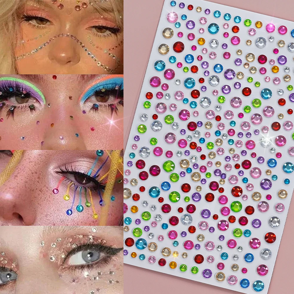 1Pcs 3D Colorful Face Jewels Tattoo Stickers Round Glitter Diamond Self-Adhesive Decals for Women Party Makeup Gem Tattoos Stick