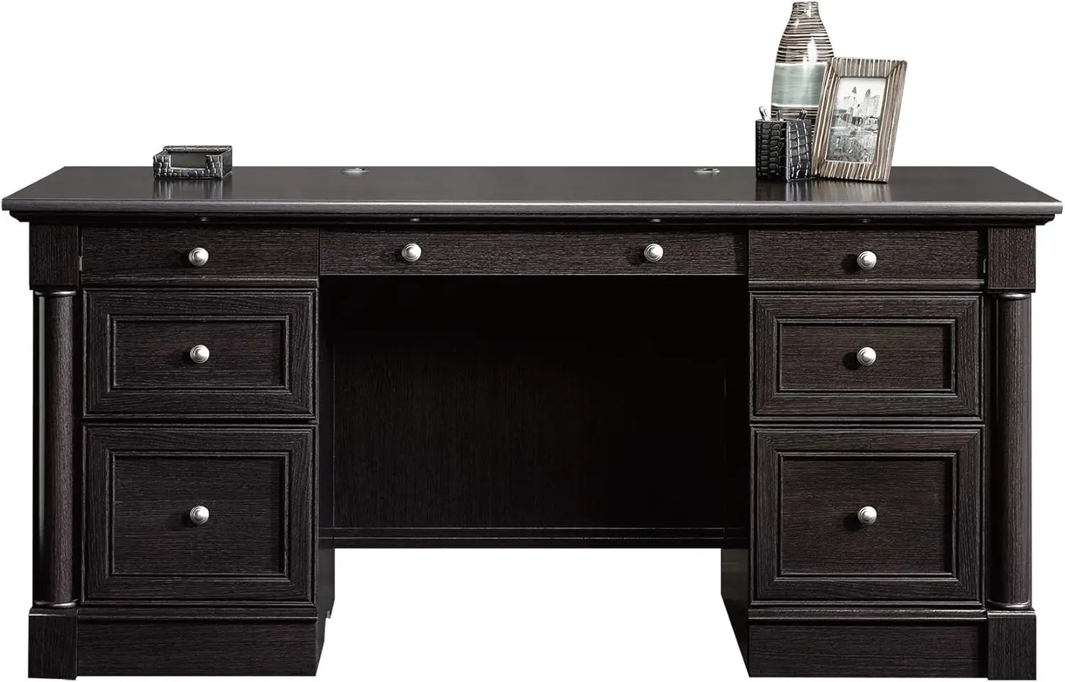 

Office Desk with Drawers Executive Desk with File Cabinet Storage Cable Management Keyboard Tray in Wind Oak Finish