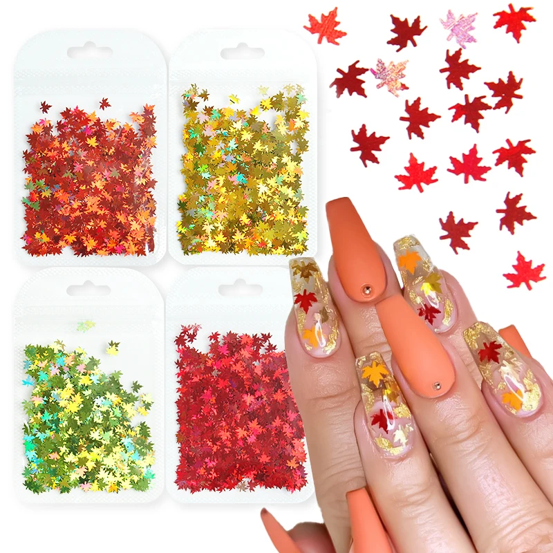 Chameleon Maple Leaves Nail Glitter Sequin 3D Holographic Gold Orange Paillette Flakes Autumn Manicure Nail Art Decorations