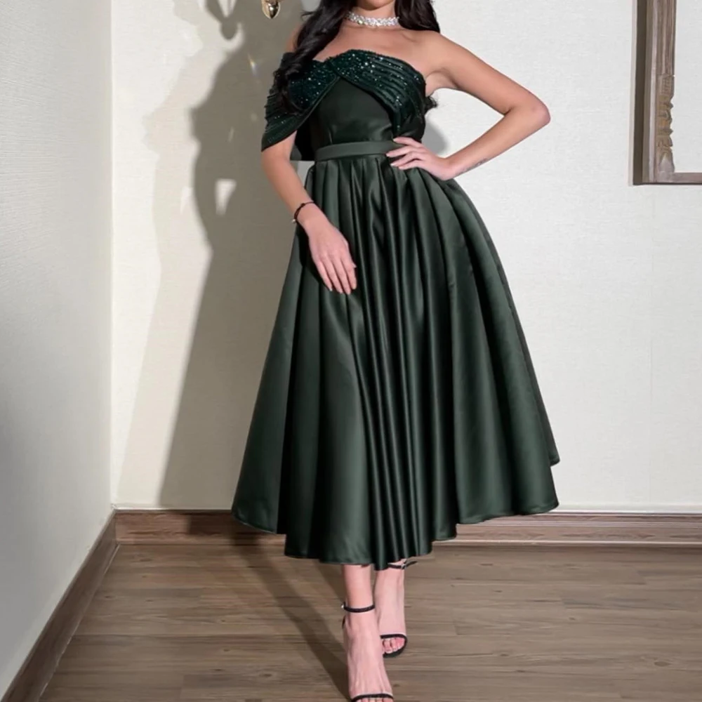 

Classic Celebrity Dress Satin Straight One Shoulder Short Sleeves Tea Length Pleats Solid Color Crystal Bespoke Occasion Gowns