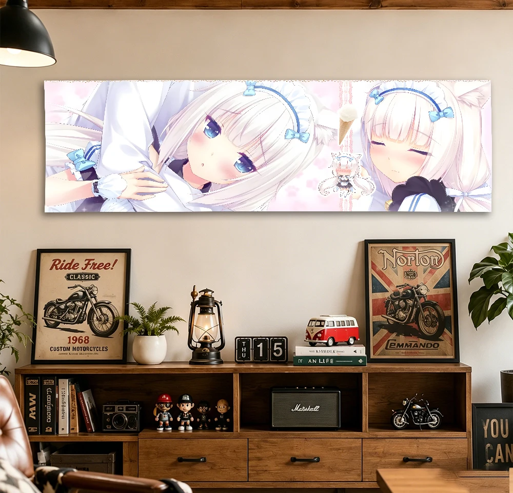Nekopara Vanilla Long Tapestry, White Cat Maid Pink Sakura Anime Wide Wall Hanging Bedroom Headboard Decor