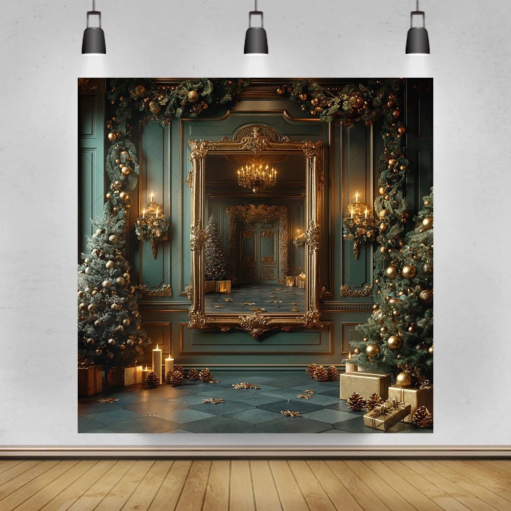 الشتاء الأخضر عيد الميلاد إطار التصوير خلفية مخصصة شجرة عيد الميلاد الأطفال الأسرة صورة مربع لوازم الديكور الدعامة