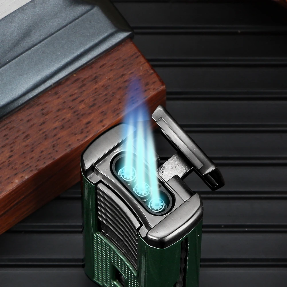 LUBINSKI Cigar Lighter With Needles Cigar Punch Metal Butane Gas Torch 3 Jet Flame Cigar Lighters