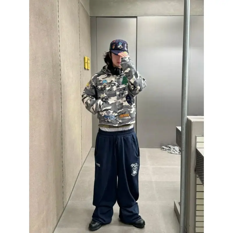 

American Street Bat Castle Embroidery Design Casual Loose Wide Leg Pants ex Commuter Versatile Loose Fit Polyester Fiber