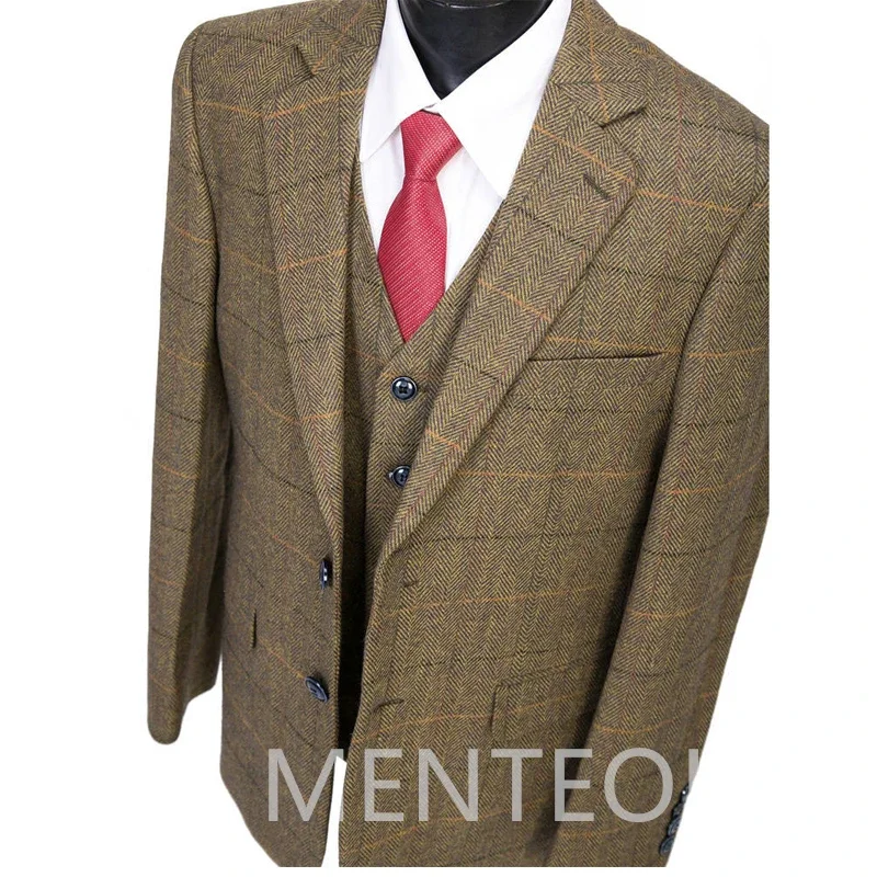 Brown Herringbone Tweed Wool Men Suits For Business Winter Vintage Notched Lapel 3 Piece Jacket Vest Pants British Style 2024