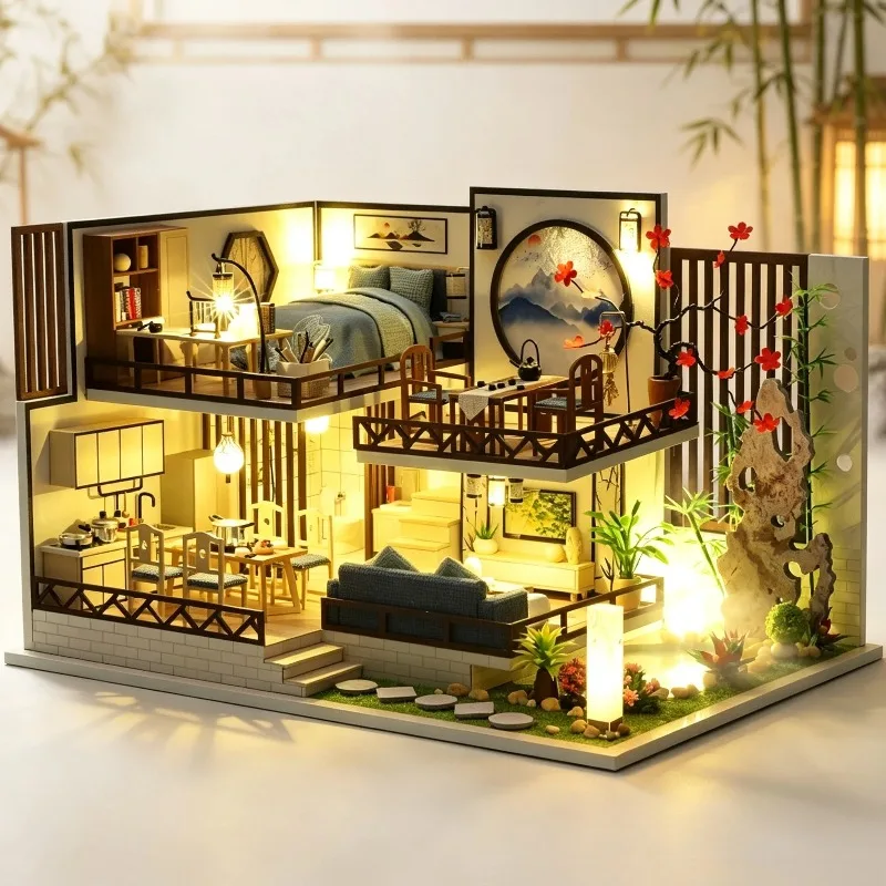 DIY Wooden Chinese Elegant Courtyard Cottage Miniature Dollhouse 3D Puzzle Assembly Model Kits for Adults Gifts Home Decor