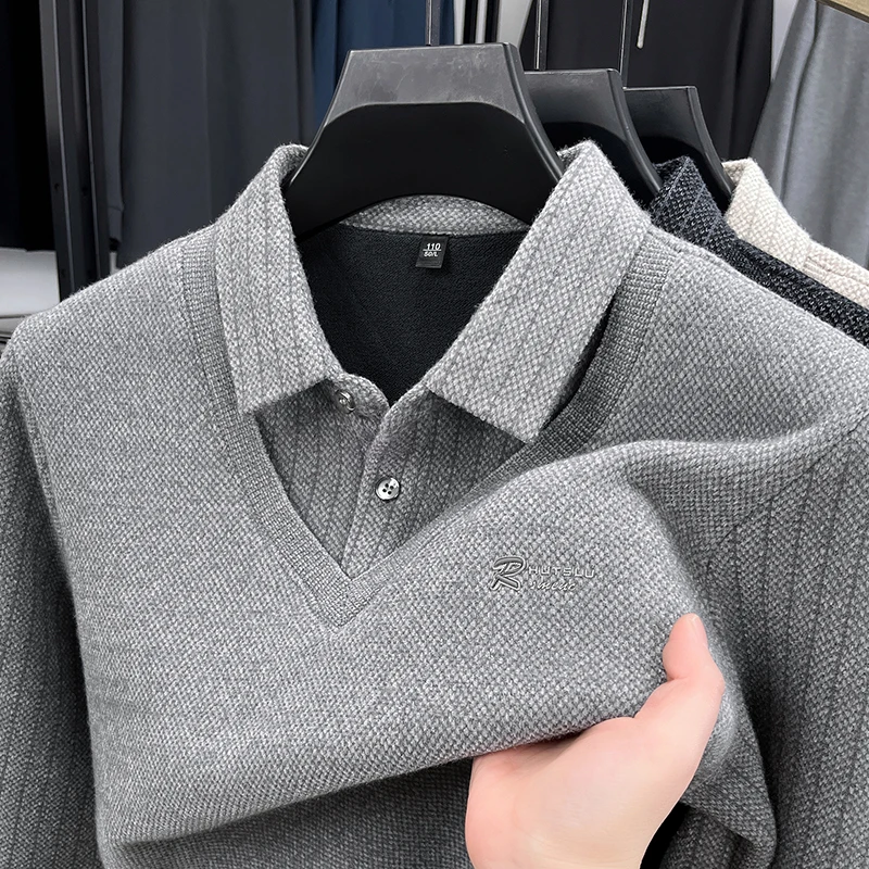 럭셔리 남성용 신상 가을 겨울 페이크 투피스 스웨터 라펠 자수 두꺼운 보온 니트웨어 레저 남성 의류 상의
