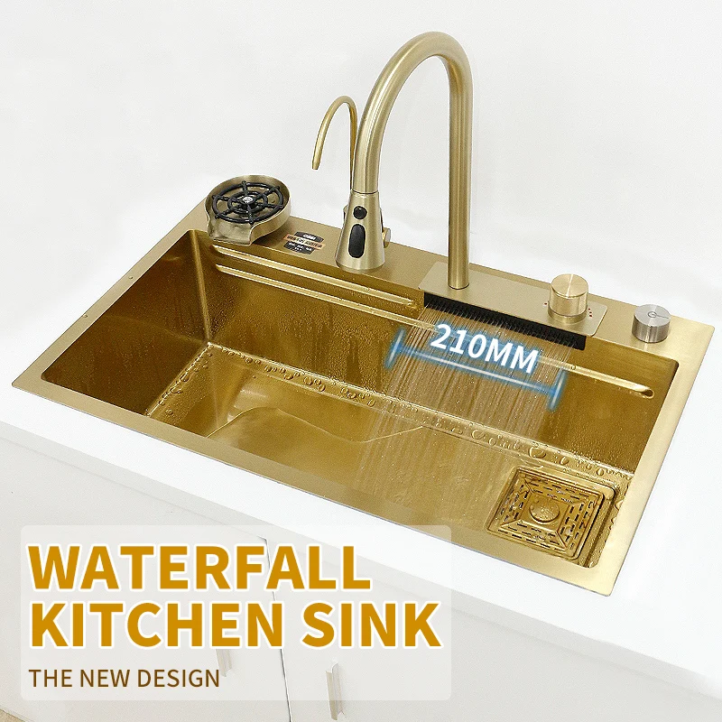 

Gold 304 Stainless Steel Modern Multi functional Large Above Counter Apron Front Installation Waterfall Kitchen Sink