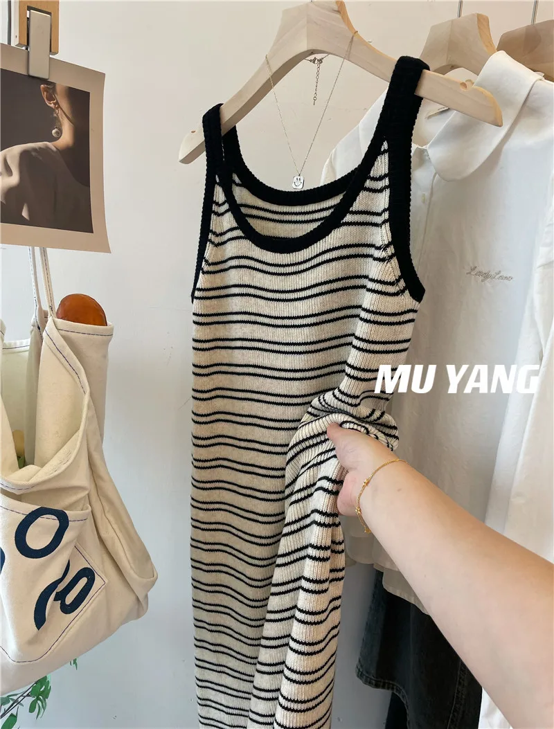 

Retro Japanese Style Knitted Dress with Shoulder Strap Color Block Lazy Striped Autumn Winter Knee-Length Sweater Dress Versa...