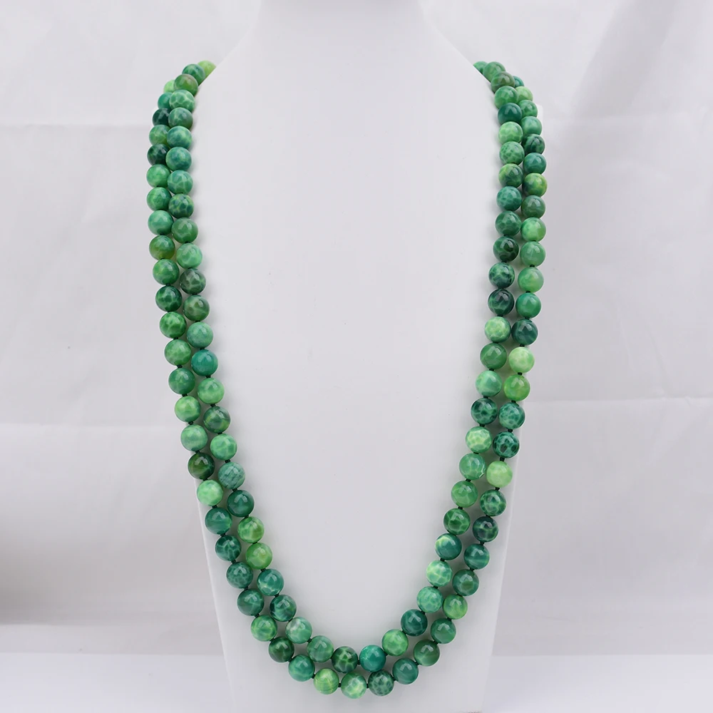 G-G 2 Rows 12mm Natural Green Chalcedony Agate Round Stone Long Necklace Cz Connector Hook